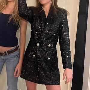 Black Sequin Double-Breasted Blazer Dress